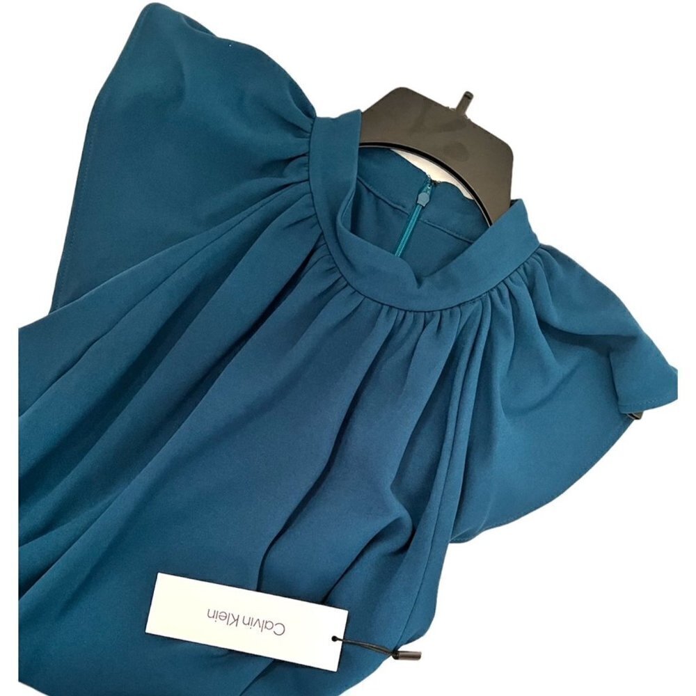Calvin Klein Womens Teal High Neck Short Flutter Sleeve Shift Dress Sz 14 New - Picture 4 of 9